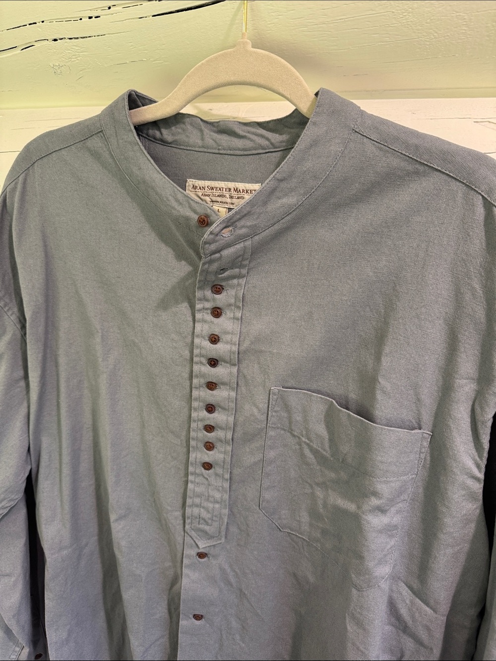 Light Gray Band-Collar Button-Down Shirt with Chest Pocket